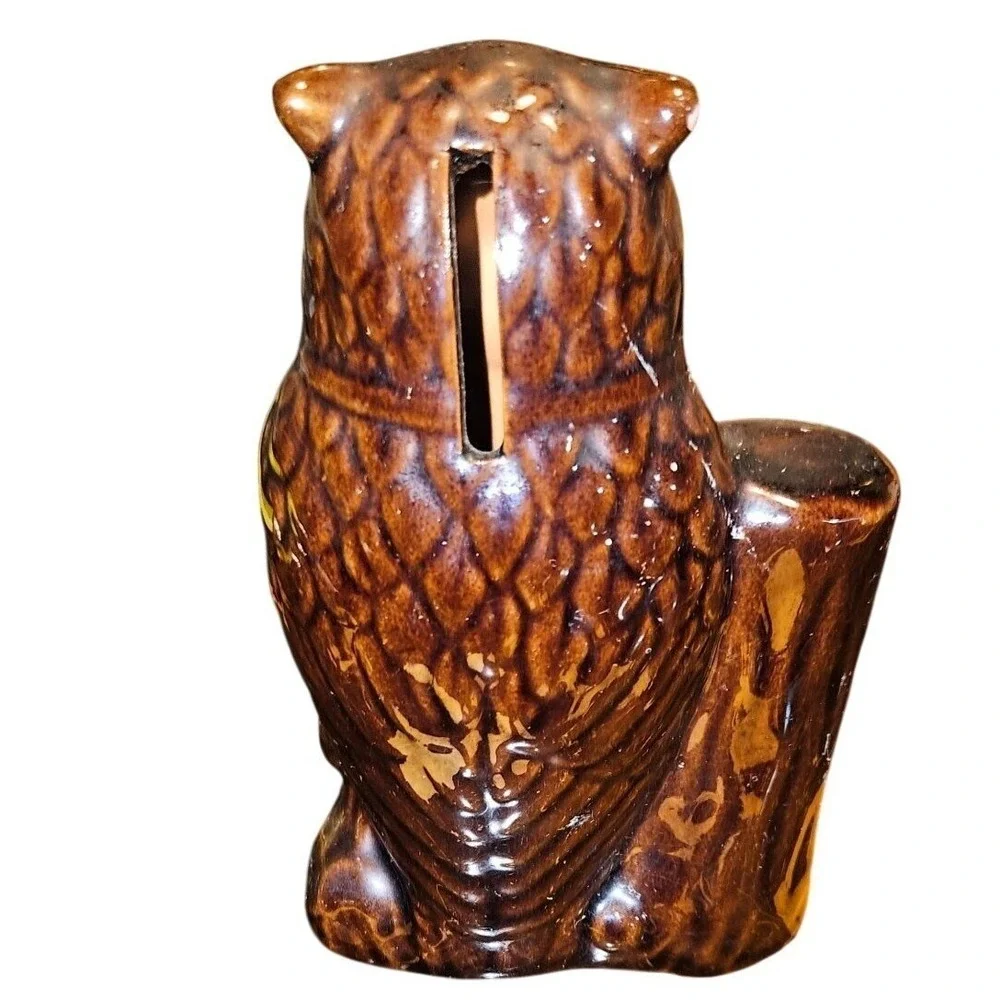 Vintage Bank Ceramic Owl Coin Brown With Thermometer 